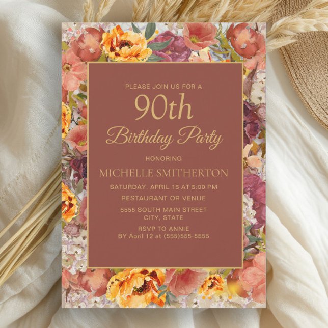 Convites Creme Laranja Queimado Frio 90 (Elegant burnt orange and rust watercolor floral fall-colored 90th birthday party invitation)