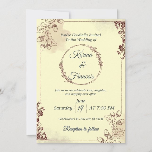 Convites Creme Ornamental e Casamento outono Borgonha Convi (Frente)