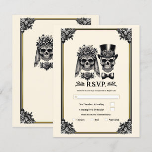Convites Creme Preto e Dourado Antigo Esqueleto Casamento R