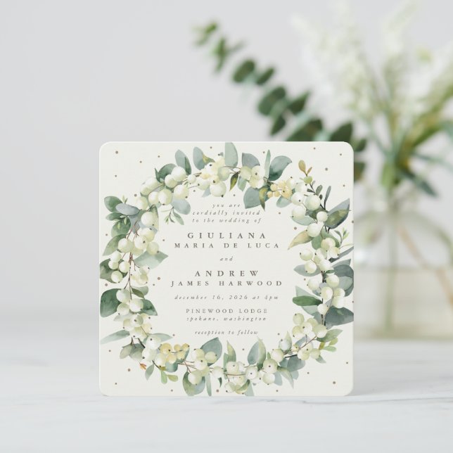 Convites Creme Quadrado Snowberry + Eucalyptus Wreath Wedes (Em pé/Frente)