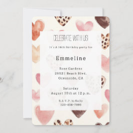 Convites Creme Rosa Corações Leopardo Aniversário