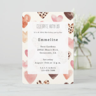 Convites Creme Rosa Corações Leopardo Aniversário