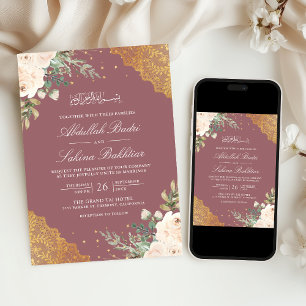 Convites Creme Rosa Dourado Laço Código QR Casamento Muçulm