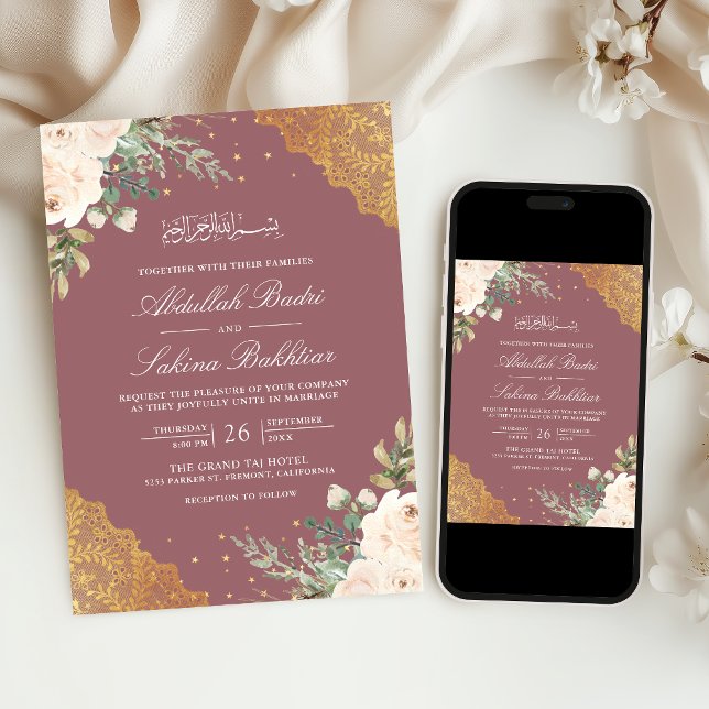 Convites Creme Rosa Dourado Laço Código QR Casamento Muçulm (Criador carregado)