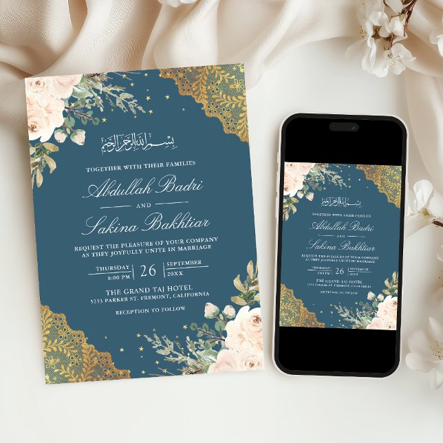 Convites Creme Rosa Dourado Renda Código QR Azul Casamento  (Criador carregado)