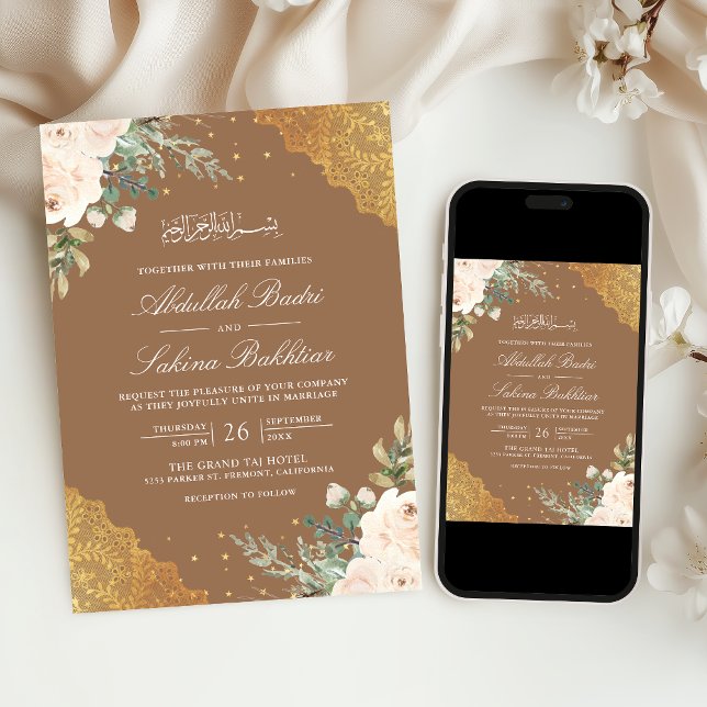 Convites Creme Rosa Dourado Renda Código QR Bege Casamento  (Criador carregado)