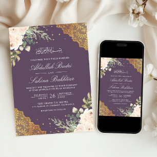 Convites Creme Rosa Dourado Renda Código QR Roxo Casamento