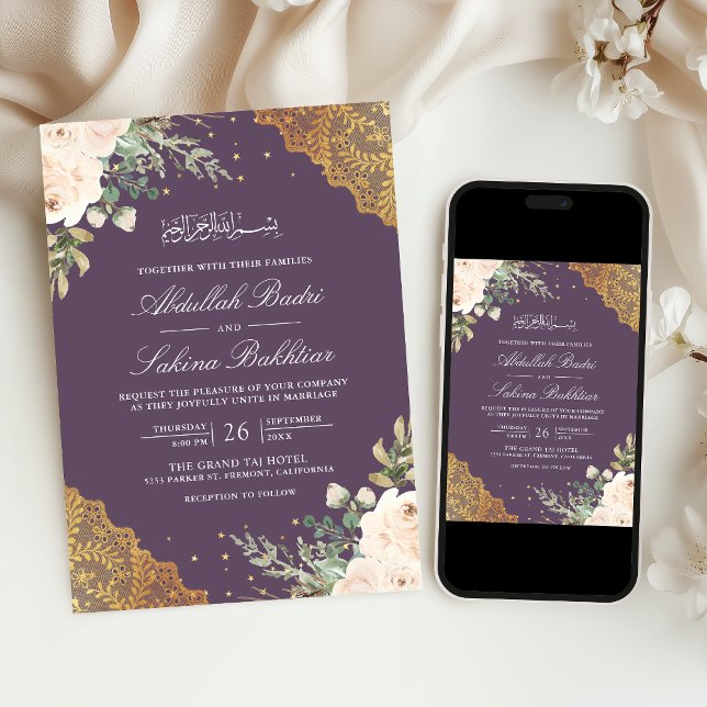 Convites Creme Rosa Dourado Renda Código QR Roxo Casamento  (Criador carregado)
