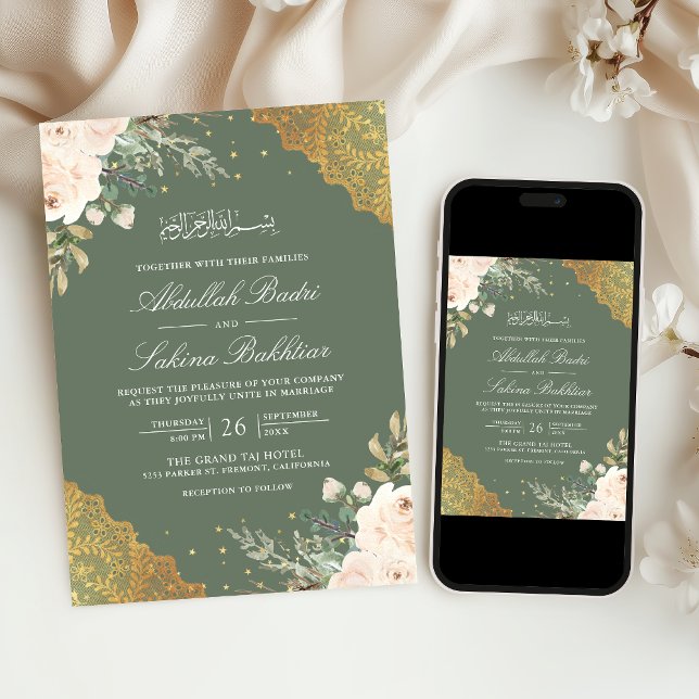 Convites Creme Rosa Dourado Renda Código QR Verde Casamento (Criador carregado)