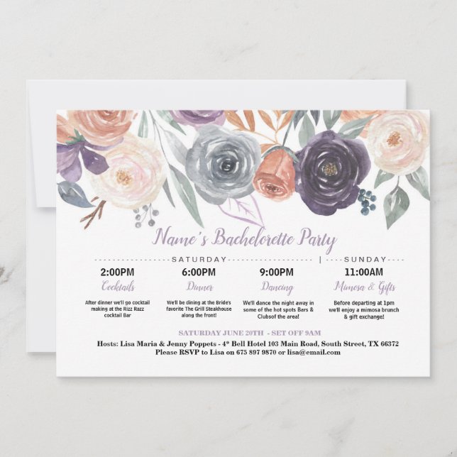 Convites Creme Roxo de Pêssego Itinerário do chá de panela (Frente)