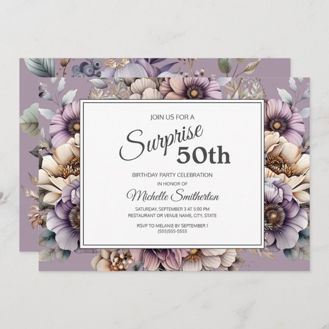 Convites Creme Roxo Taupe Surpresso Floral 50º Aniversário (Frente/Verso)