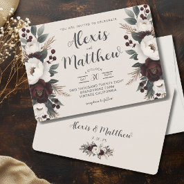 Convites Creme Rustic Elegance e Casamento Floral Burgundy