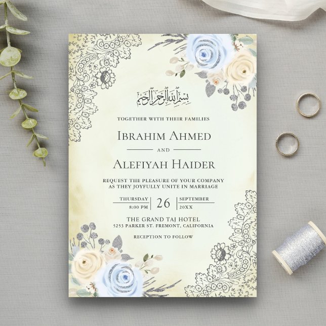 Convites Creme Rústico Azul Floral Renda Casamento Muçulman (Criador carregado)