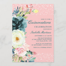 Convites Creme Teal Rosa Quinceanera Floral Aniversário