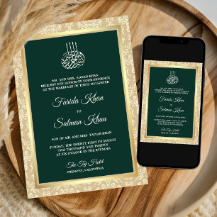 Convites Creme Verde Esmeralda Damasco Casamento Islâmico M