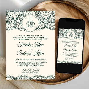 Convites Creme Verde Esmeralda Renda Casamento Islâmico Muç