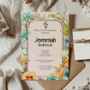 Convites Creme Verde Simples Elegante Batismo Católico Flor