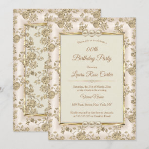 Convites Creme vintage Bege Rosa Damasco Dourado Antigo Ani