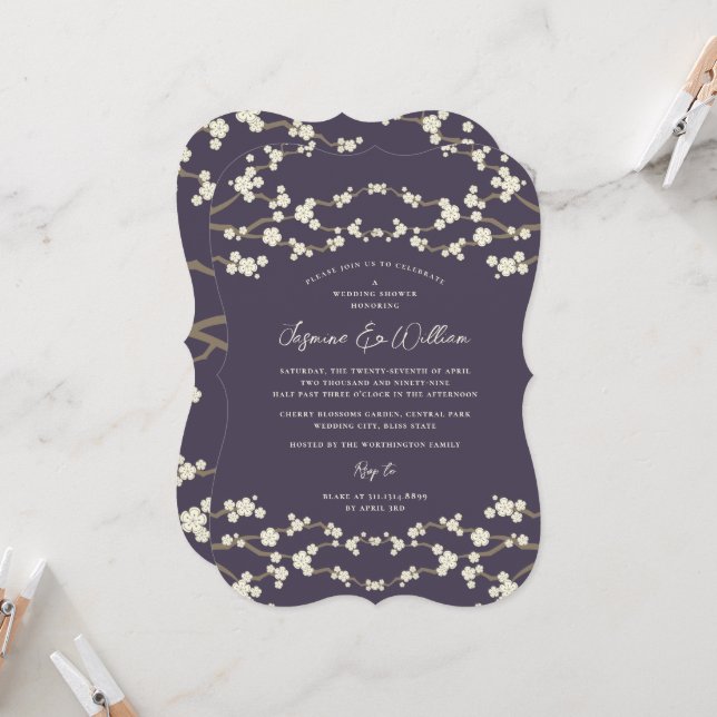 Convites Cremes Flores de Cerejeira Roxo Casamento Asiático (Frente/Verso In Situ)