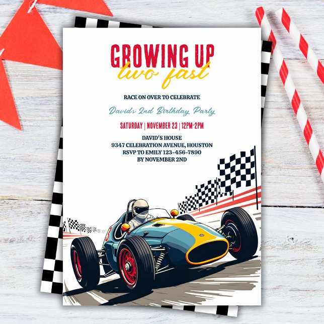 Convites Crescendo Dois segundos aniversários Rápidos De Ca (Growing Up Two Fast Race Car Boy 2nd Birthday Invitation)