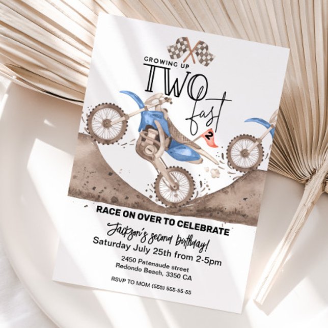 Convites Crescendo RÁPIDO Demais Moto de Terra 2º aniversár (Blue dirt bike birthday invitation, second birthday TWO FAST)