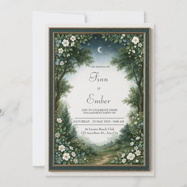 Convites Crescente Lua Esmeralda Floresta Quadro Casamento (Frente)