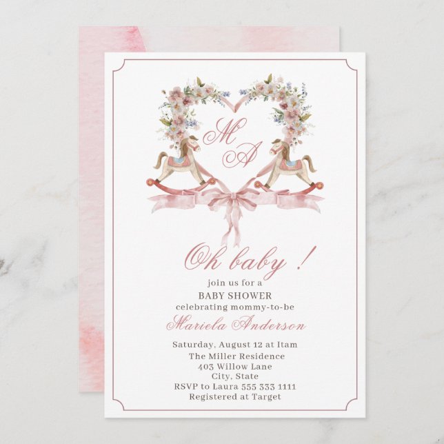 Convites Crescente rosa com aquarela moderna Rockin Horse B (Frente/Verso)