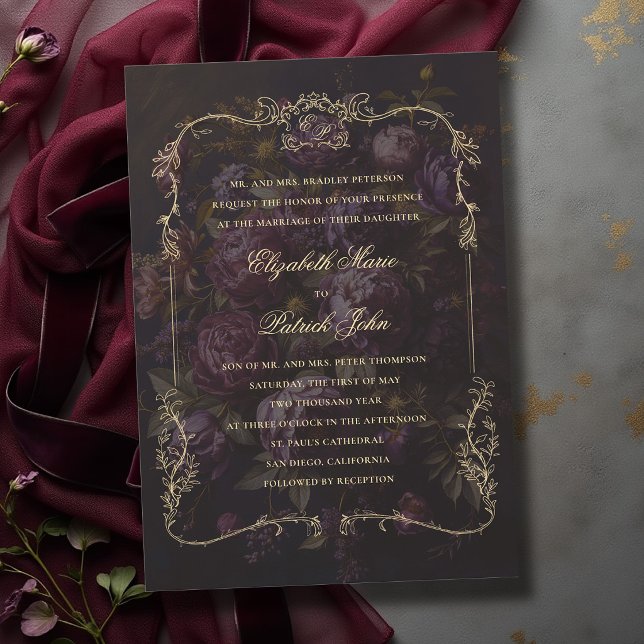 Convites Crest Botânico Vitoriano Romântico Casamento Tempe (moody wedding invitation victorian botanical crest frame dark gothic romance whimsigoth gold)