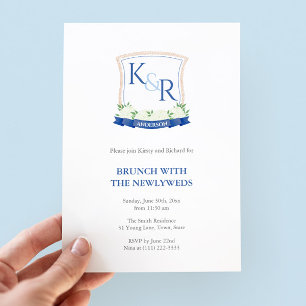Convites Crest Branco E Azul Costeiro NovamenteWeds Brunch