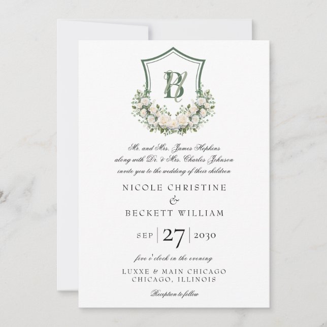Convites Crest de Flores Brancas Casamento (Frente)