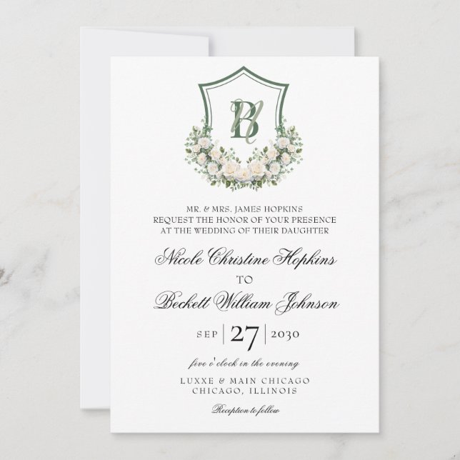 Convites Crest de Flores Brancas Casamento (Frente)