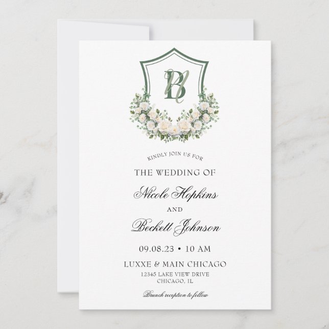 Convites Crest de Flores Brancas Casamento (Frente)