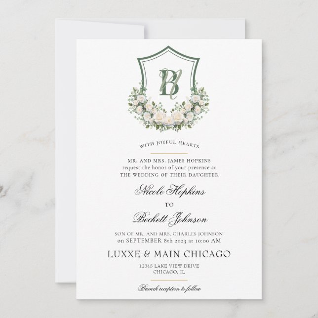 Convites Crest de Flores Brancas Casamento (Frente)
