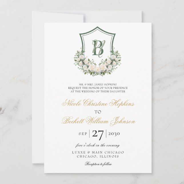 Convites Crest de Flores Brancas Casamento (Frente)