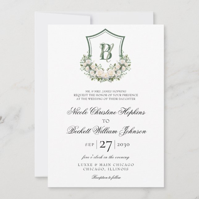Convites Crest de Flores Brancas Casamento (Frente)