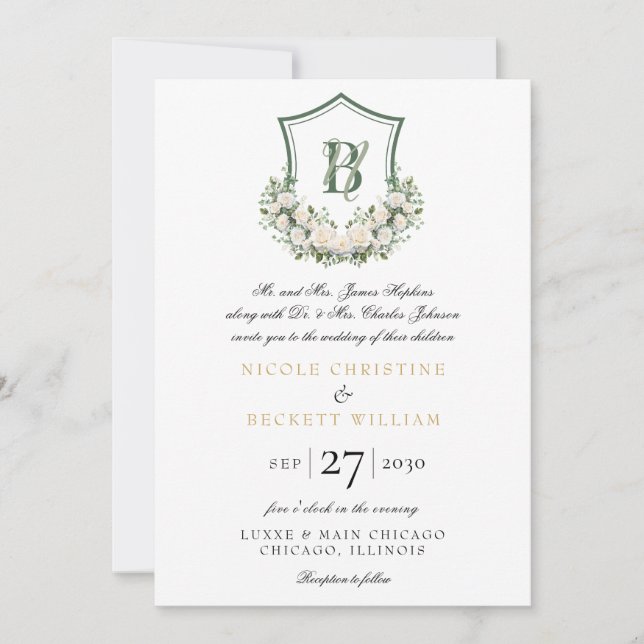 Convites Crest de Flores Brancas Casamento (Frente)