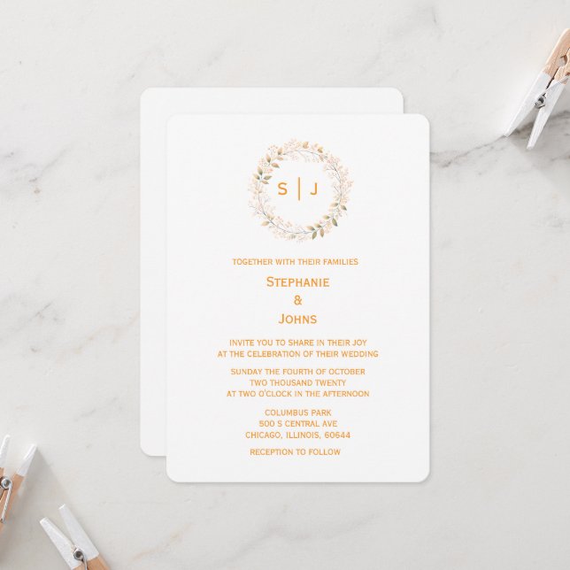 Convites Crest de Folha Monograma Laranja Branco Casamento  (Frente/Verso In Situ)