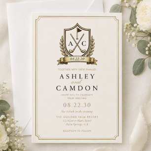 Convites Crest de Golfe Monograma Casamento Ouro