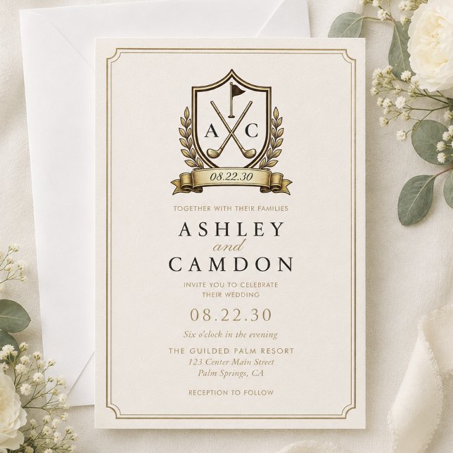 Convites Crest de Golfe Monograma Casamento Ouro (Criador carregado)