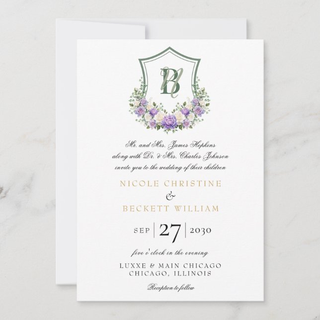 Convites Crest Floral Branco Roxo Casamento (Frente)