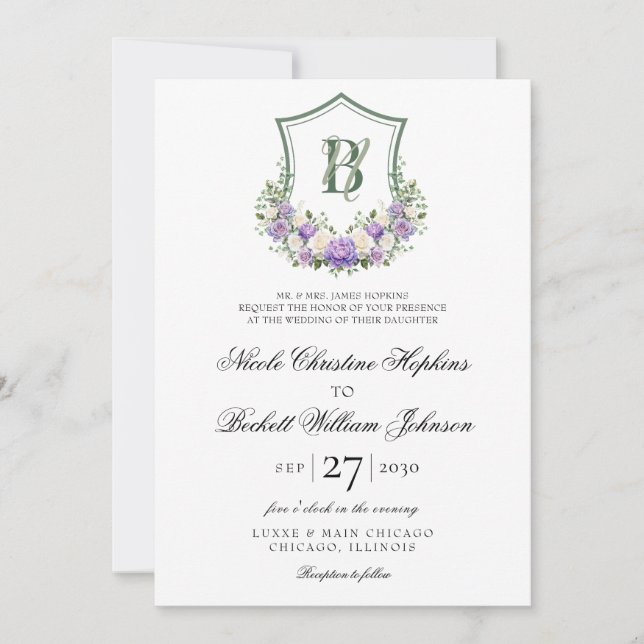 Convites Crest Floral Branco Roxo Casamento (Frente)