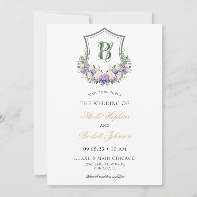 Convites Crest Floral Branco Roxo Casamento (Frente)