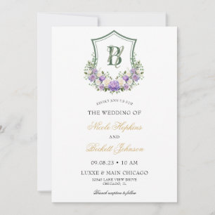 Convites Crest Floral Branco Roxo Casamento