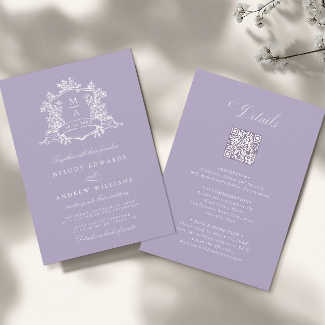 Convites Crest Floral Clássico Lavanda Casamento Tudo em Um (Front & Back)