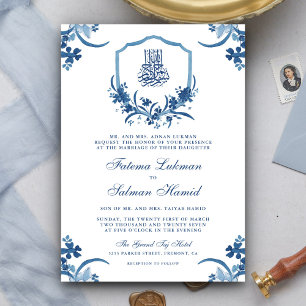 Convites Crest Floral de Aquarela Azul Rústico Casamento Mu