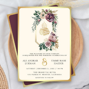 Convites Crest Floral Dourado Roxo Muslim Wedding