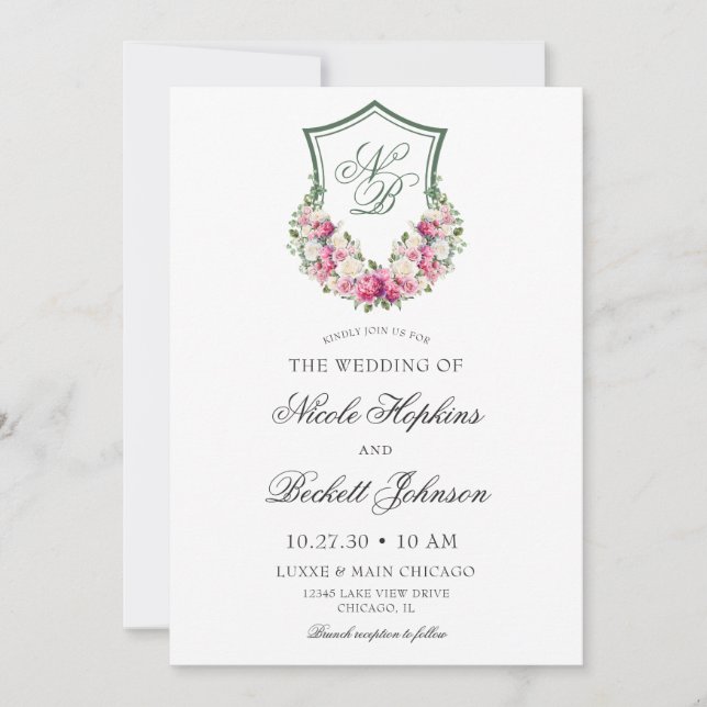 Convites Crest Floral Rosa Casamento (Frente)