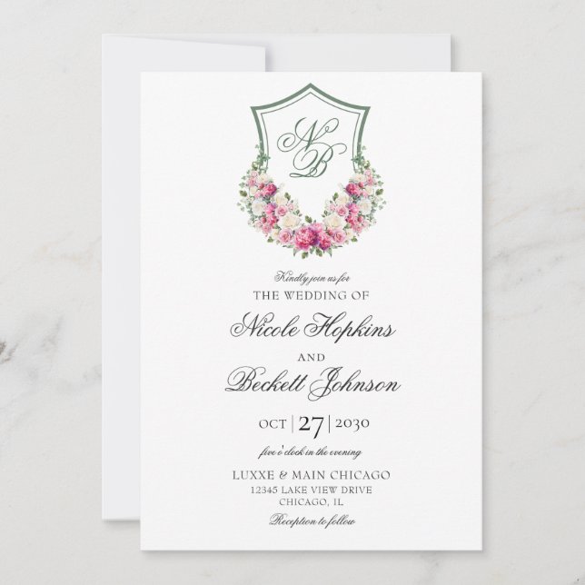 Convites Crest Floral Rosa Casamento (Frente)
