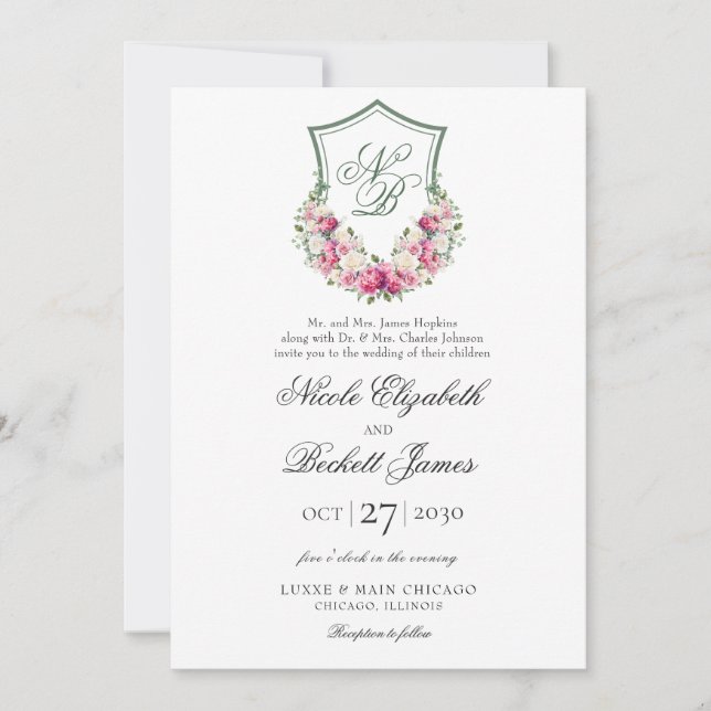 Convites Crest Floral Rosa Casamento (Frente)
