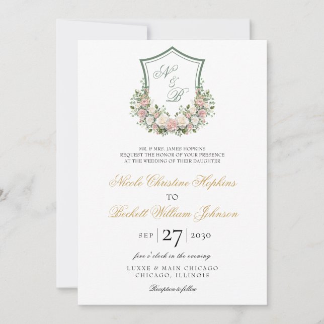 Convites Crest Floral Rosa Casamento (Frente)